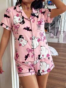 Women's Halloween Cartoon Ghost & Bow Turn Collar Short Sleeve Top And Shorts Pajama Set, Button-Up Casual Loungewear Suitable For All Seasons - Pink - View 2