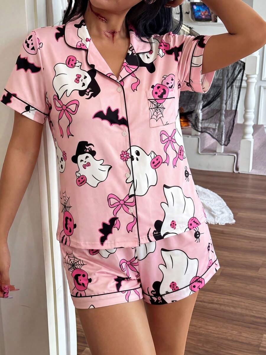 Women's Halloween Cartoon Ghost & Bow Turn Collar Short Sleeve Top And Shorts Pajama Set, Button-Up Casual Loungewear Suitable For All Seasons - Pink - View 1