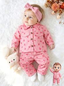 2pcs/Set Baby Girl Casual Sweet Cute Heart Print Collared Long Sleeve Lightweight Jacket And Pants Set, Spring/Autumn/Winter - Pink - View 3