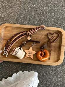 Cute Salted Pretzel Coffee Cup Keychain, Bag Decoration, Wooden Star Pendant Bag Charm, Bag Accessory, Aesthetic Braided Rope Key Accessory, Suitable For Backpacks And Handbags - Multicolor - View 4