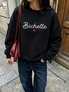Oversized Women's Sweatshirt For Autumn/Winter, Casual Daily Wear, Long Sleeve Hoodie, Outerwear Top, Y2K, Letter Slogan Graphic, Unisex, Streetwear - Black - View 3