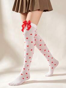 1 Pair Women's Red Heart Bow High Elastic Knitted Sweet Lolita Over-The-Knee Socks, Suitable For JK Uniform Photography Outfit - Multicolor - View 3