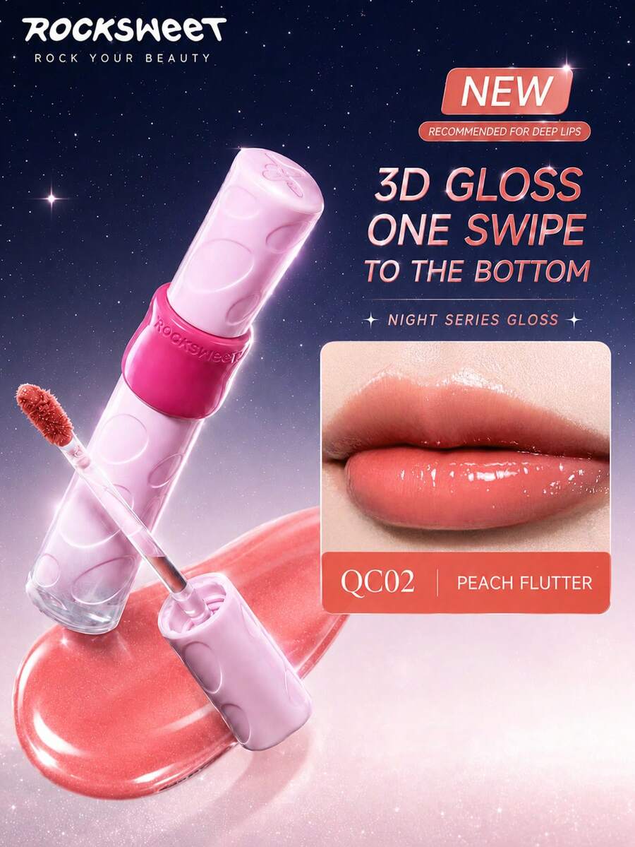 ROCK SWEET Debut Night Series Mirror Lip Gloss, Ringan & Berpigmen, Lapisan Bening Kristal, Hasil Akhir Cermin Kaca Tahan Lama - QC02 Jeruk Bali dan Persik - View 1