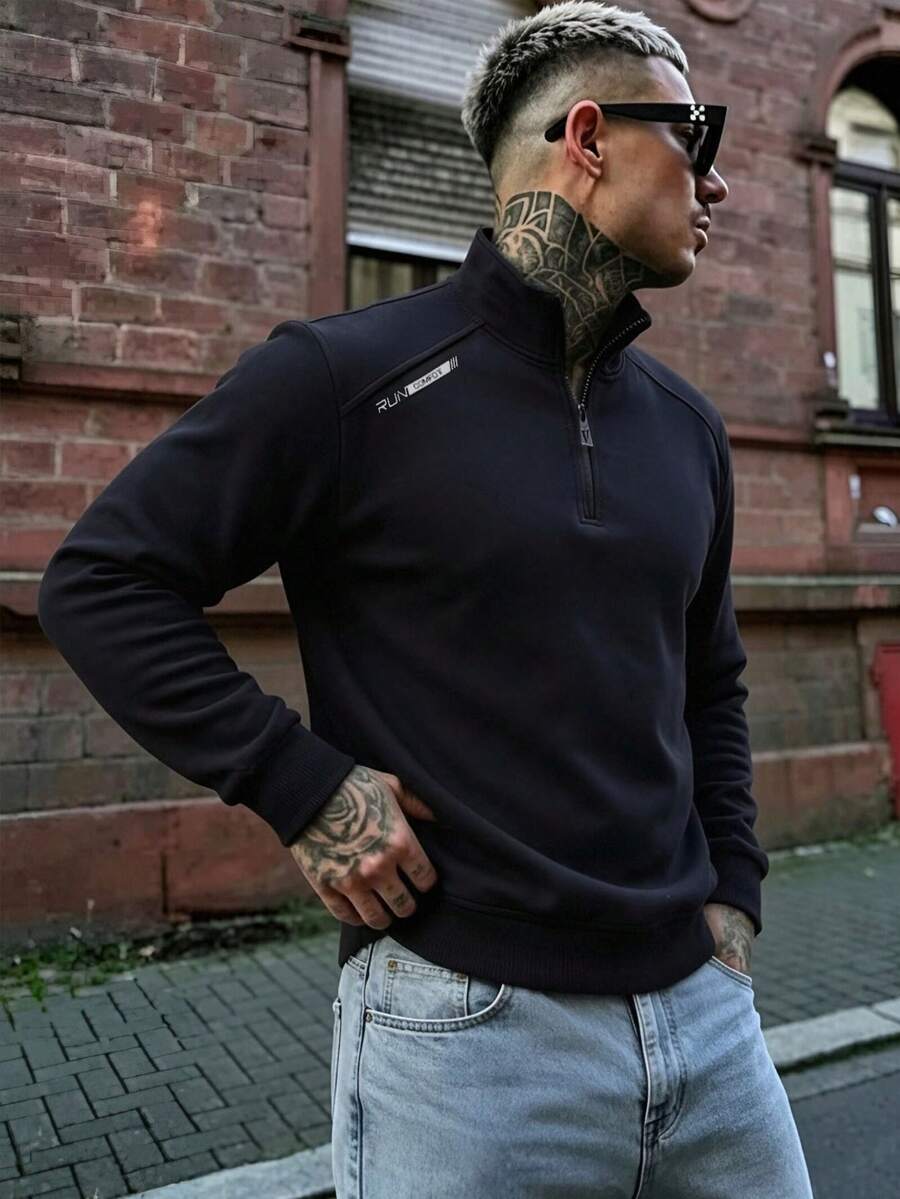 Men's Spring/Autumn Polo Shirt, Business Casual Fashion Gentleman Stand Collar Long Sleeve - Black - View 1