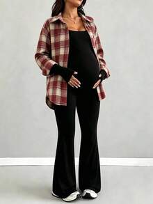 Parara Maternity Women's Plaid Button Long Sleeve Shirt Collar Flannel Top, Suitable For Autumn/Winter, Casual Regular Length Plaid Shirt - Multicolor - View 1