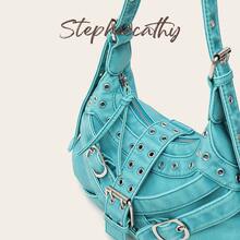 STEPHIECATHY Women's Shoulder Bag Retro Brush Off Color Washed PU Vegan Leather Buckle Belts Metal Eyelets Decoration Punk Y2K Style Adjustable Strap Hobo Handbag - Multicolor - View 2