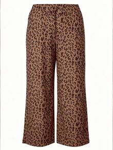 Women's Plus Size Leopard Print Ribbed Straight Leg Drawstring Casual Fashion Autumn Pants - Mocha Brown - View 6