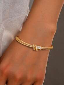 1pc Luxury Gold Copper Inlaid Cubic Zirconia Knot Teardrop Decor Bangle For Women Daily Party Dating Jewelry Gift - Multicolor - View 4