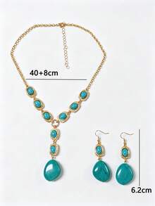 3pcs/Set Women's Vintage Luxury Style Jewelry Set, Faux Stone Texture Plate With Metal Trim Detail Decoration, Y-Shaped Necklace And Earrings Combination, Suitable For Business Banquet, Vacation, Date And Other Holiday Occasions - Geometric Circle - View 2