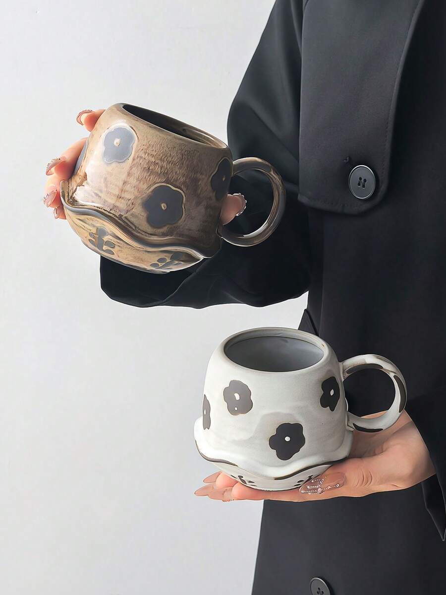 1pc Vintage Coarse Ceramic Coffee Mug, Retro Distressed Wabi-Sabi Style Artistic Mug, Asymmetrical Ruffled Edge & Rust Floral Pattern, Unique Creative Design, Fun Cup, Ceramic - Multi-Functional Dishwasher