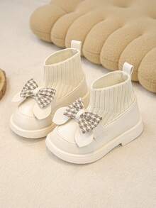 1 Pair Baby Girls Bow-Knit Comfortable Lightweight Flat Ankle Boots, Suitable For Daily Wear In Autumn And Winter - Beige - View 1