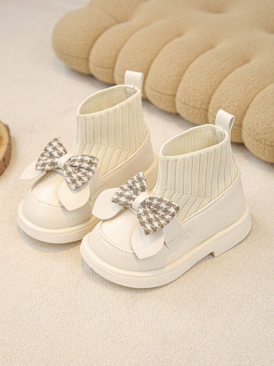 1 Pair Baby Girls Bow-Knit Comfortable Lightweight Flat Ankle Boots, Suitable For Daily Wear In Autumn And Winter - Beige - View 1
