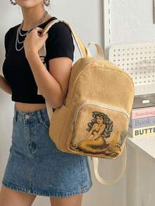 1 Piece Backpack, Women's Mini Backpack, Corduroy Girl School Bag, Travel Storage Bag, Mermaid Printed Design, Large‑Capacity Foldable Easy‑To‑Store Bag, Lightweight & Pressure‑Relieving, Multi‑Pocket Layered Design With Zipper Closure - Cartoon Mermaid 3333589 - View 3