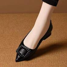 High Heel Pumps, Commuter Thick Heel Low Vamp Shoes, Pointed Toe Patent Leather Shiny Work Shoes, Square Buckle Mid Heel Formal Work Shoes - Black - View 6