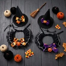 1 Set Halloween Pet Bandana Hat Set, With Bell Collar Triangular Scarf, Suitable For Cats And Dogs, Cute Witch Hat And Drooling Scarf, Adjustable Neck Decor, Holiday Party Photo Props, Pet Clothing Accessories, Cat And Dog Supplies, Pet Supplies - Multicolor - View 2