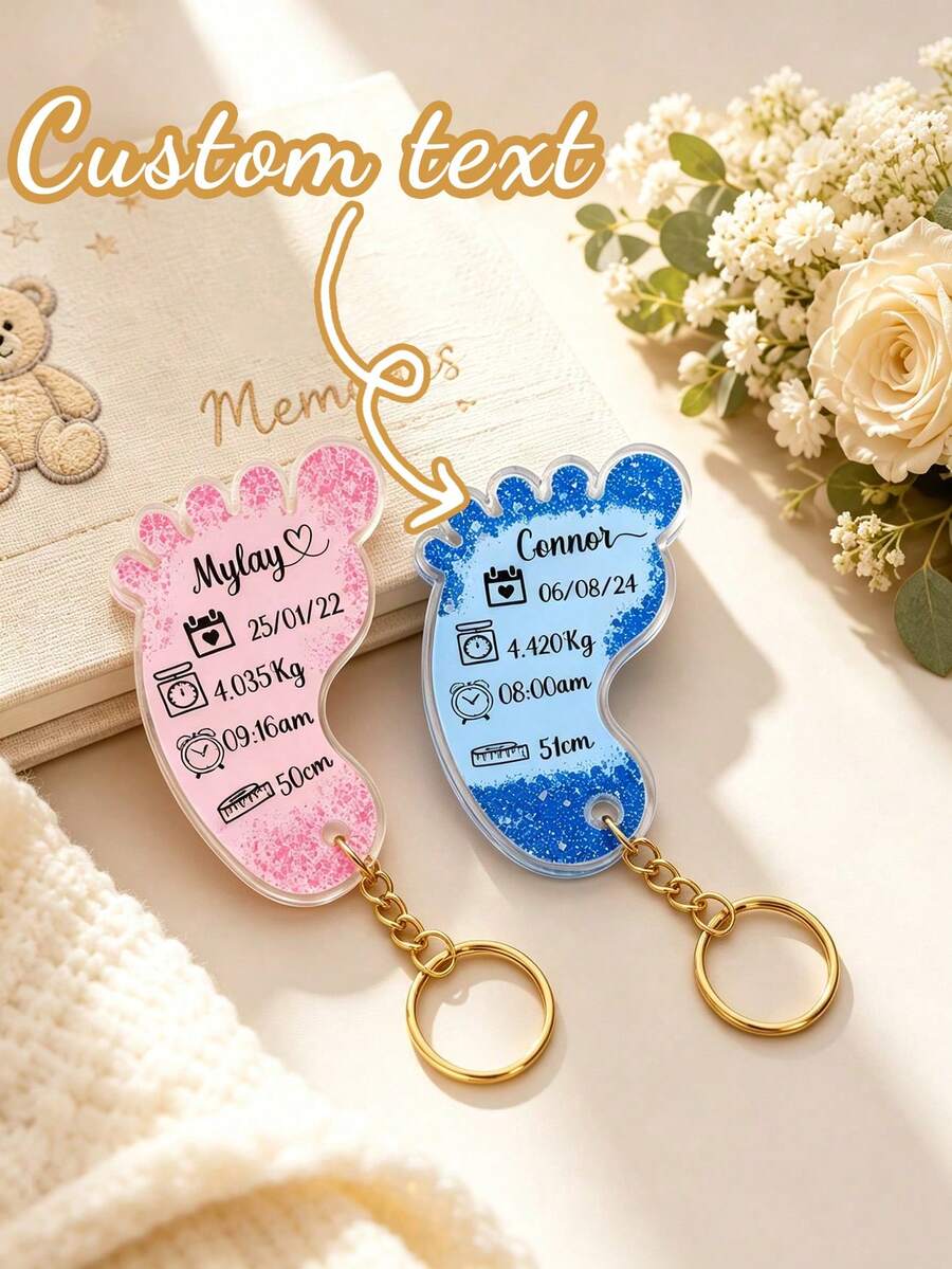 1pc Personalized Footprint Data Acrylic Keychain, Customized Name, Date, Weight, Time And Height Commemorative Key Ring, Precious Gift For Parents And Family - Multicolor - View 1