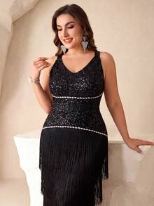 Đầm dài đính sequin và đá rhinestone, cổ yếm cổ chữ V đính tua rua, đầm dạ hội size lớn cho tiệc prom, họp mặt thường niên, sinh nhật, tiệc cưới cho khách mời - màu đen - Xem 1
