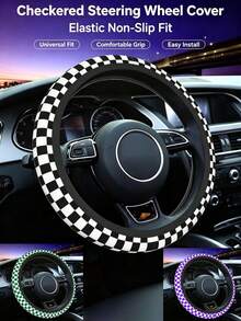 1PC Simple Retro Checkered Car Steering Wheel Cover, All Seasons, Universal For Men And Women, Breathable, Slip-Resistant, Absorbs Sweat, Car Accessory For Vehicle Interior. - Multicolor - View 1