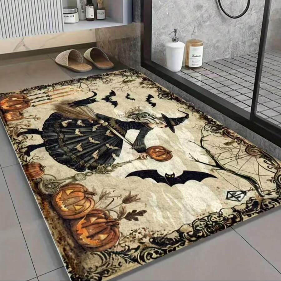 2D Flat, 1pc 2D Flat Halloween Bathroom Mat MicrofiberNon-Slip Mat, Wicked Witch Pattern, Imitation CashmereMaterial, Machine Washable, Halloween Decoration,Suitable For Kitchen, Bathroom, Shower, Can Be Given Asa Gift, 2D Flat - 1 - View 1