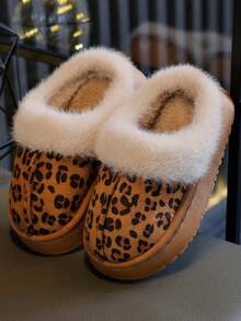 Children's Indoor Fuzzy Slippers For Autumn/Winter, Leopard Print Upper, Simple And Elegant Design - Maroon - View 5