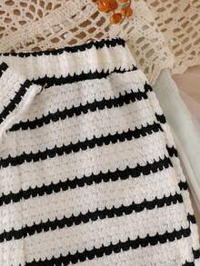 Baby Girl Black & White Striped Knit 2-Piece Set, Oversized Ruffle Collar Pullover Top + Bow Casual Long Pants Outfit - Black - View 8