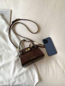 Handbag, Exquisite Small Square Handbag, Lock Closure Design For Secure And Convenient Use, Hand-Carry Part Decorated With Wrapped Scarf, Vintage And Gentle Style. Equipped With Detachable Long Shoulder Strap, Switchable Between Hand-Carry And Crossbody Carrying Methods, Compact And Exquisite Body, Suitable For Outings And Dates, Enhancing Overall Outfit Style. - Coffee Brown - View 2
