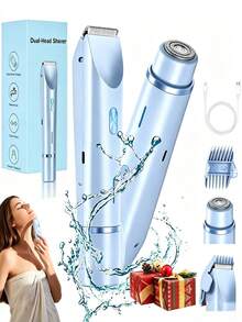Afeitadora y Recortadora Eléctrica 2 en 1 para Mujer, Removedor de Vello Indoloro de Doble Cabezal para Cara, Body y Bikini, Kit de Aseo Recargable por USB, Afeitadora Portátil Todo en Uno para Piel Suave, Regalo de Cumpleaños Ideal para Ella 650mAh - Azul - Ver 1