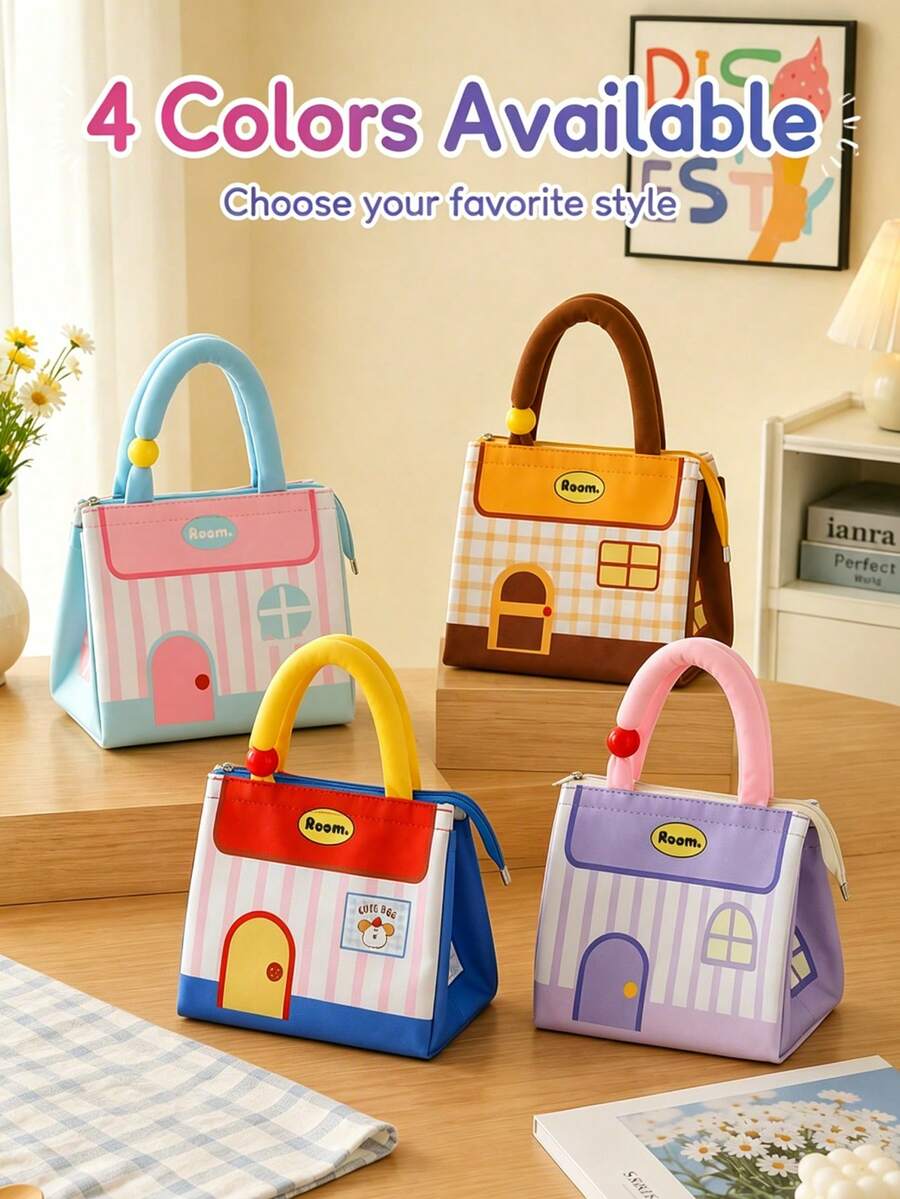 Cute House-Shaped Lunch Bag, Polyester Material, Striped Pattern, Portable Handheld Tote Bag, Suitable For Women And Girls, Office, School, Picnic, Travel, Daily Use, Spring/Summer Outdoor Activities - Multicolor - View 1