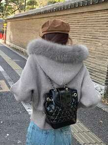 Women's Solid Color Hooded Knit Cardigan Sweater With Detachable Fur Collar, Autumn - Grey - View 8
