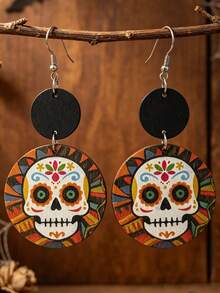 1 Pair Mexican Day Of The Dead Colorful Skull Wooden Earrings, Double Layer Round Disc Vintage Halloween Earrings - Multicolor - View 2
