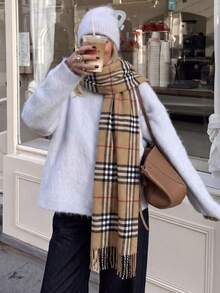 1pc Vintage British Check Fringe Scarf, Classic Check Pattern Warm Shawl Suitable For Both Men And Women, Ideal For Daily Wear And Accessories. - Camel - View 1