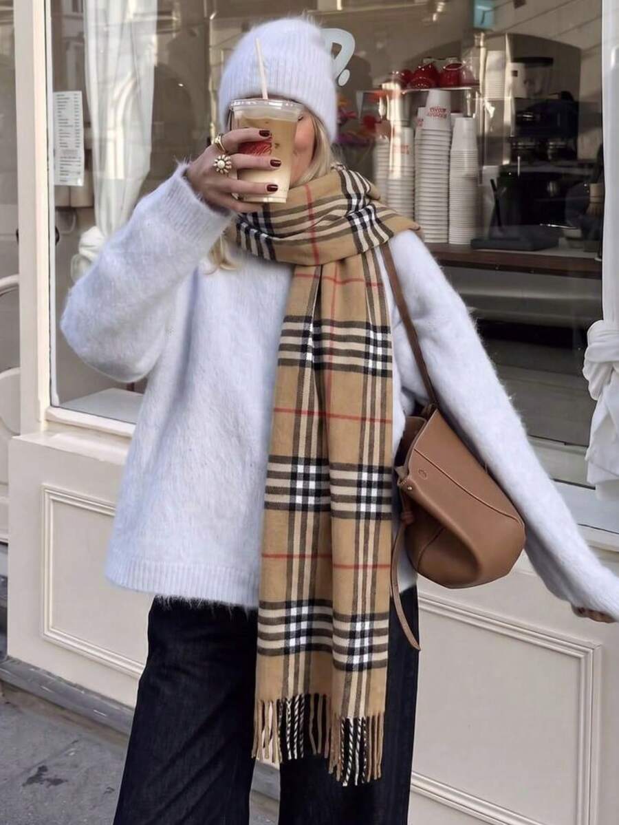 1pc Vintage British Check Fringe Scarf, Classic Check Pattern Warm Shawl Suitable For Both Men And Women, Ideal For Daily Wear And Accessories. - Camel - View 1