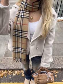 1pc Vintage British Check Fringe Scarf, Classic Check Pattern Warm Shawl Suitable For Both Men And Women, Ideal For Daily Wear And Accessories. - Camel - View 2