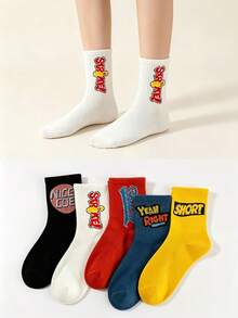 1/5 Pairs Letter Mid-Calf Socks, Unisex Retro Street Style Personalized Print Socks, Breathable Sports Casual Socks - Multicolor - View 1