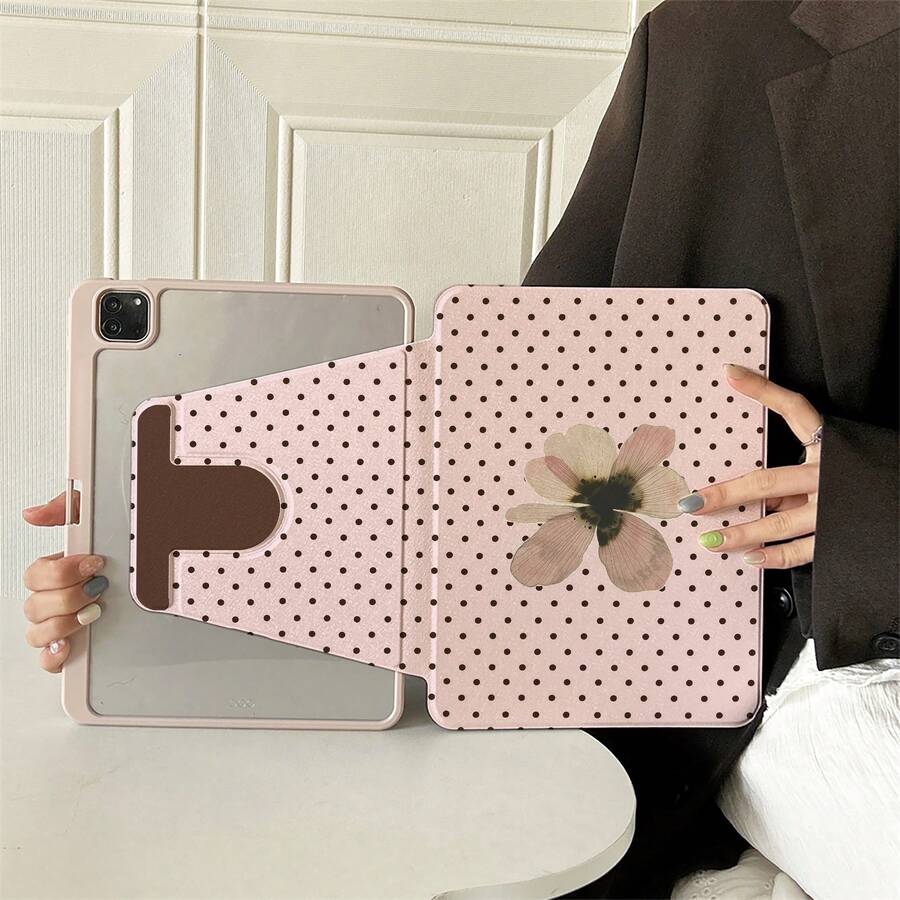 1件 粉色底棕色波點乾花壓花平板保護殼，適用於 iPad Air 6/5/4 & 10 (10.9 吋)、iPad Pro 2024、Air M3/A16 2025、 Galaxy Tab S9 FE/S8 Plus/S7/S10、OPPO Pad、 MatePad、Vivo Pad、Honor Pad、Xiaoxin Pad
