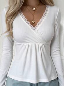 SCARLUX Autumn Y2K White Ribbed Lace Trim Criss-Cross V-Neck Flared Hem Long Sleeve Top, Basic Style, Suitable For Back To School, Business And Casual - White - View 1