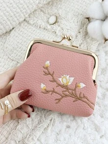 Fashionable Flower Embroidery Appearance, Multi-Functional And Compact Design With A Clip Opening And Closing, Portable Coin Purse And Card Bag - Pink - View 10