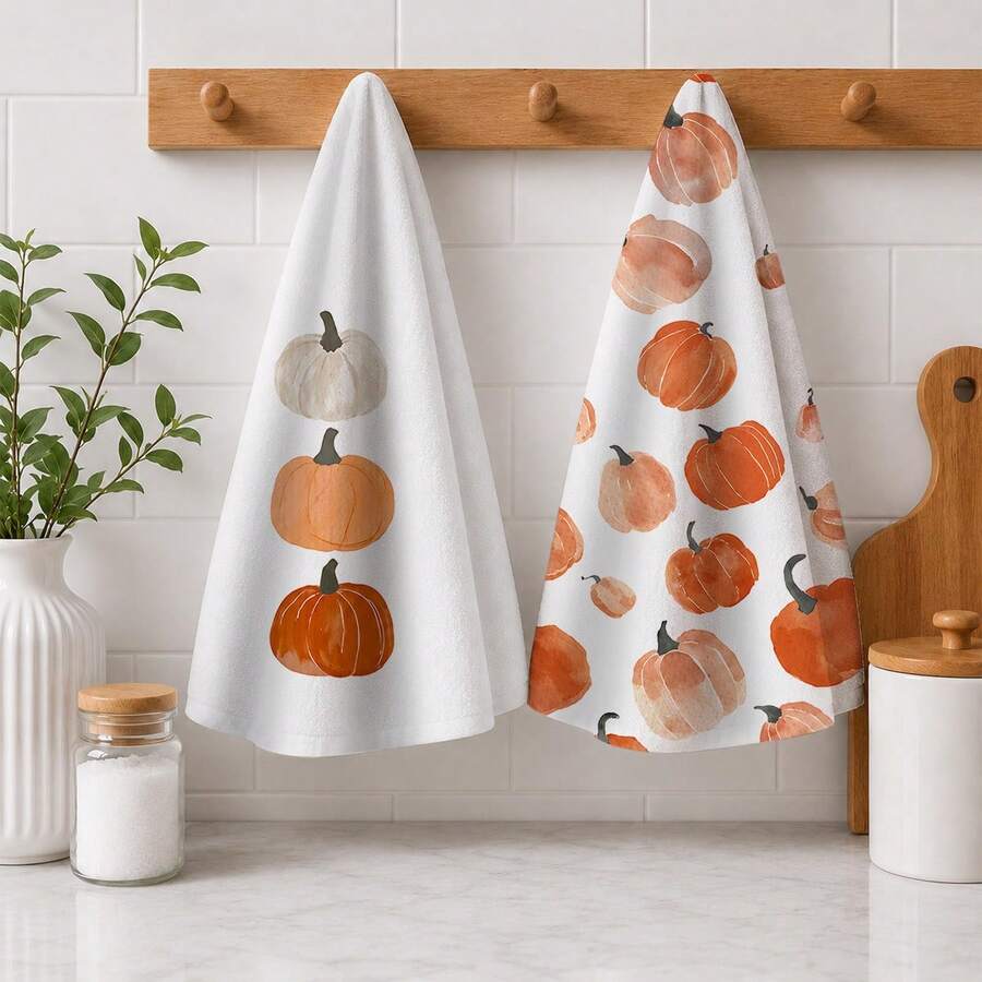 2/4/6pcs Autumn Pumpkin Print Kitchen Towels, Watercolor Hand-Painted Style, Orange Pumpkin Flat Pattern, Soft And Easy To Clean, Autumn Home Gift, Kitchen Accessories, Suitable For Autumn Kitchen Decor, Holiday Home Arrangement, Baking, Cooking - Multicolor - View 1