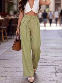 French Style Bean Green Wide Leg Trousers High Waist Draped Loose Slimming Commute - Green - View 4