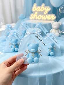 12/6/1 Set - Baptism Gift Set - Blue Teddy Bear Scented Candle Includes Blue Organza Bag And Blue Thank You Tag, DIY Fillable Gift Bag Suitable For Gender Reveal Party, Baby Shower Party Gift, Guest Favor, Christian Baptism, Communion, Church Event, Religious Gift, Ideal Party Favor - Multicolor - View 3