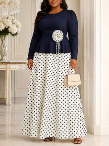 Elegant Plus Size Colorblock 2-Piece Set, Long Sleeve Ruffle Top With 3D Rose Polka Dot A-Line Maxi Skirt, Formal Outfit For Church And Wedding Guest - Navy Blue - View 10