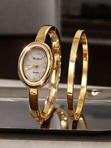 2pcs Women's Fashion Luxury Quartz Watch, Exquisite Oval Rhinestone Watch With Rhinestone Bracelet Jewelry Set, Suitable For Daily Wear, Holidays And Parties, Perfect Gift For Women - Gold - View 6