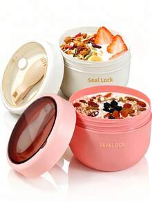 SEAL LOCK 2入燕麥杯，便攜式附蓋與湯匙優格早餐杯，密封沙拉杯/碗，適合戶外露營旅行，可用於優格、水果、隔夜燕麥、早餐、蔬菜、零食與穀片，開學季適用 - 彩色 - 查看 2