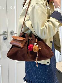 low tea 1pc Minimalist Fashion Suede Bucket Crossbody Bag, Suitable For Commuting, Shopping, Etc. (With Pendant) - Coffee - View 9