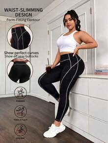 1pc Plus Size Yoga Pants, Tummy Control Waist-Flattering Fashion Minimalist Women's Leggings, Spring/Summer/Autumn/Winter - Black - View 7