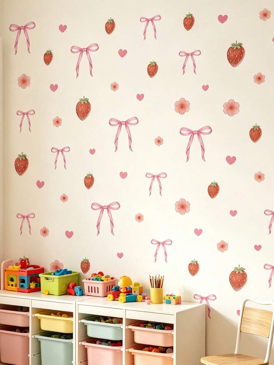 1 Set Self-Adhesive Wall Stickers, Strawberry, Butterfly And Flower Pattern, Suitable For Baby Room Decoration - Multicolor - View 1