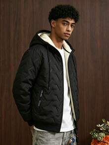 Men's Fleece Lined Hooded Zip-Up Thick Jacket, Autumn/Winter Casual Streetwear - Black - View 4