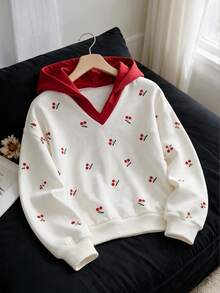 Lurzo Girls Cute Sweet V-Neck Loose Hooded Sweatshirt, Cherry Print + Ribbed Cuffs And Hem Design, Soft And Comfortable, Suitable For Casual Daily Wear - White - View 2