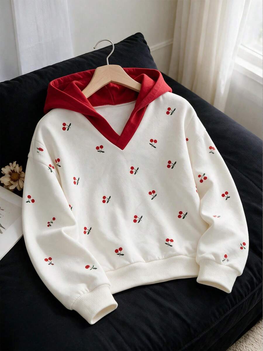 Lurzo Girls Cute Sweet V-Neck Loose Hooded Sweatshirt, Cherry Print + Ribbed Cuffs And Hem Design, Soft And Comfortable, Suitable For Casual Daily Wear - White - View 1