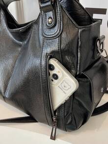 Waterproof Business Casual PU Tote Bag, Multi-Pocket Design With Compartment, Shoulder Bag, For Teenagers, Female College Students, And Young Professi - Black - View 6